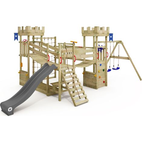 Wickey Klettergerüst Smart Arch Kinderspielturm mit Kletternetz und Wackelbrücken, Ritterburg, riesiger Sandkasten, Ladentheke, Picknicktisch, Kletterwand, Kletterseil, 10 Jahre Garantie, extrem witte