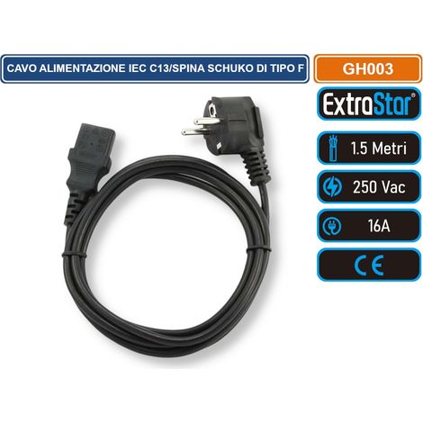 EXTRASTAR GH003 CAVO DI ALIMENTAZIONE 1,5 METRI IEC C13 SPINA TEDESCA SCHUKO DI TIPO F 16A 250VAC (1/3)