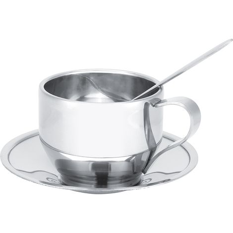 Tasse à café en acier inoxydable isolée double paroi, mug à thé lait avec soucoupe et cuillère, set de vaisselle (1/5)