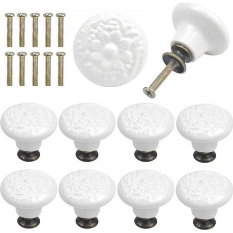10Pcs White Ceramic Drawer Knobs Vintage Engraving Round Cabinet Door Handle with Screws (1/3)