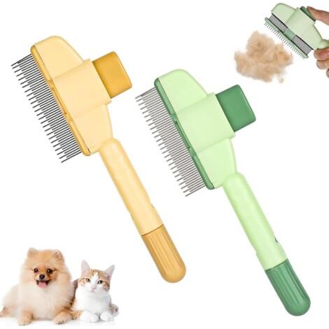 Lot de 2 brosses pour chat - Brosse pour chien - Poils courts - Autonettoyante - Avec un bouton - Peigne anti-puces pour chat - Élimine les nœuds et les poils lâches