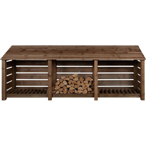 Slatted wooden log store W-335cm, H-126cm, D-88cm - brown finish