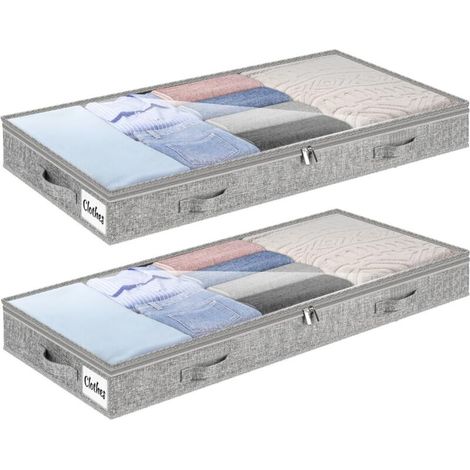 Lot de 2 grands sacs de rangement sous le lit, 10 cm de haut, avec fermeture éclair, pliable, peu profond, organiseur de rangement avec fenêtre transparente et poignée renforcée pour vêtements (1/5)