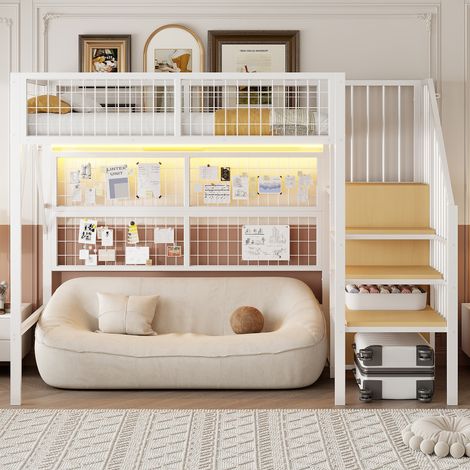 DESMIU Lit mezzanine 1 place avec LED reglable, escalier de rangement et armoire 90 × 200 cm sans matelas (1/5)