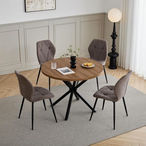 Esstischset rund 100cm mit 4 Leinenstühlen dunkelbraun (1/5)