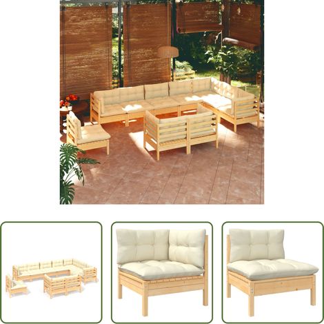 Terrassensofa - 10-tlg. Garten-Lounge-Set mit Creme Kissen Massivholz Kiefer (1/5)