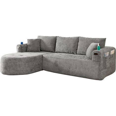 CHICFURN Divano angolare L 255x170 cm grigio in tessuto con portabicchieri inox, senza montaggio (1/5)