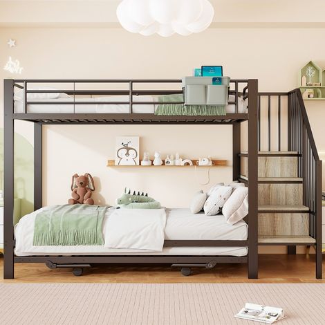 Lit superposé-gigogne multifonctionnel-cadre en fer-sac tissu-escalier rangement-255x95,5x163cm-sans matelas (1/5)