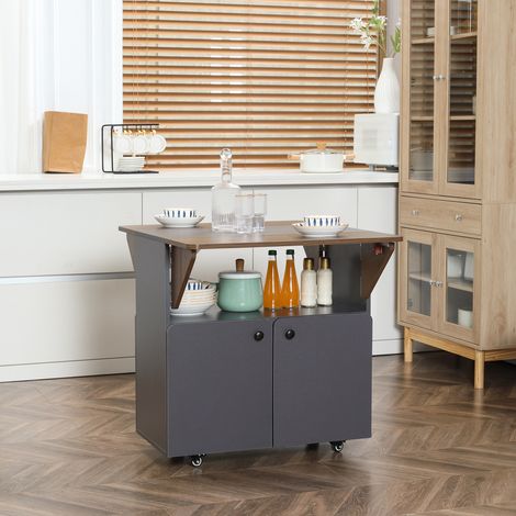 Table/meuble pliant avec deux côtés de table rabattables, compartiment de rangement, 4 roulettes, gris clair + marron foncé, 70 x 83 x 75 cm (1/5)