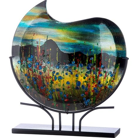 Vase Rond décoratif XL sur Pied en métal Noir - Peint à la Main avec éléments en Verre - Objet d'art Multicolore Hauteur 47,5 cm (1/2)