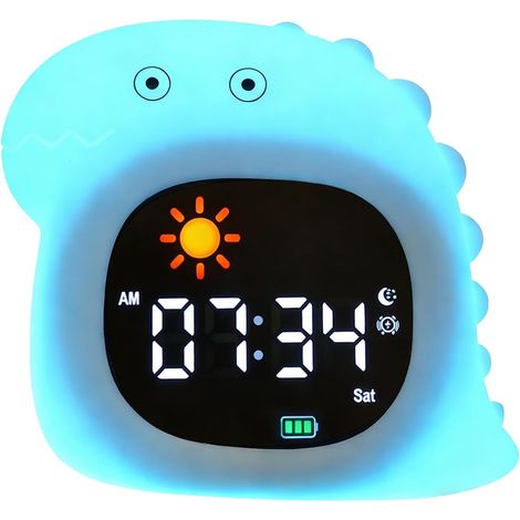 Réveil enfant, réveil simulateur d'aube avec veilleuse, affichage LED, musique apaisante pour s'endormir, fonction snooze, format 12/24 h, 5 niveaux de luminosité, motif dinosaure blanc (1/5)