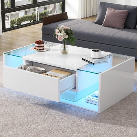Couchtisch Wohnzimmertisch LED 100 50 31 cm Weiß OKMYHOME (1/5)