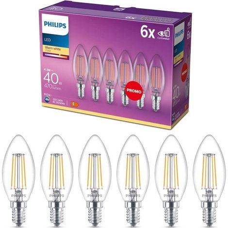 Philips ampoule LED Flamme E14 40W Blanc Chaud Claire, Verre, Lot de 6 - Philips ampoule LED Flamme E14 40W Blanc Chaud Claire, Verre, Lot de 6 (1/4)