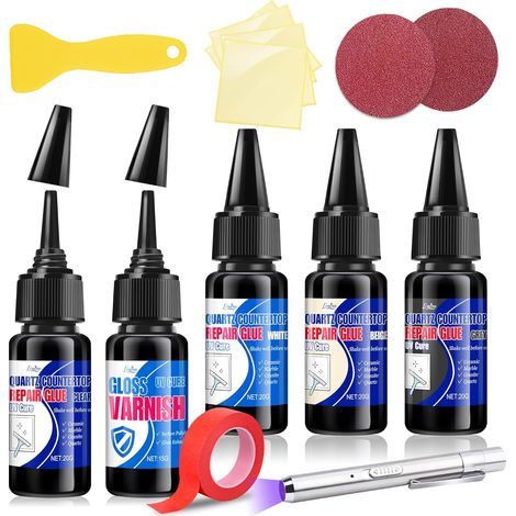 Kit Réparation Carrelage - 4 en 1 (Transparent, Blanc, Gris, Beige) - Réparation à Durcissement UV Rapide pour Quartz, Marbre, Granit, Acrylique, Fibre de Verre, Porcelaine, Céramique, Plastique, Bois (1/5)
