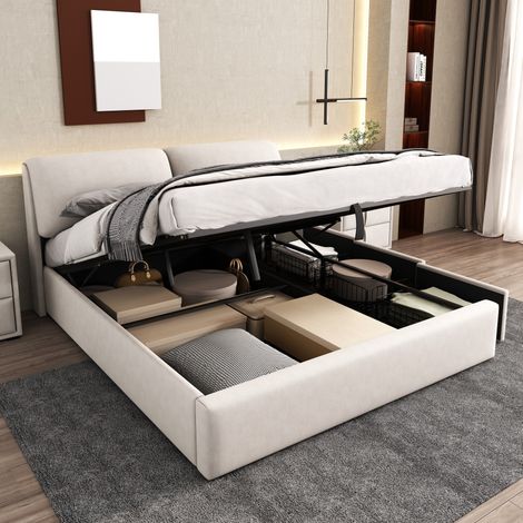 MODFU – Letto matrimoniale con contenitore idraulico 180x200 cm in velluto con 3 cassetti, testiera regolabile e portata 300 kg – Beige (1/5)
