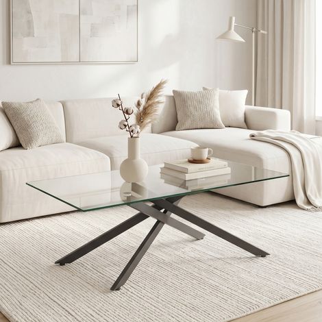 Mesa de centro rectangular de cristal templado negro, patas de metal perfilado, estilo moderno para salón - Alto 46 cm / Ancho 100 cm / Profundidad 60 cm (1/5)