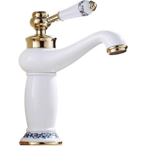 Robinet de salle de bain en laiton, monotrou, bec bas, de lavabo à poignée unique robinet uniquerobinet de bassin d'eau froide/chaude (blanc doré) (1/5)