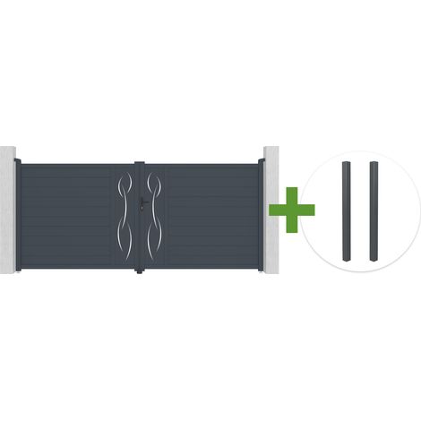 Portail battant 4m LIFE H.180cm aluminium gris + 2 poteaux ELDA aluminium gris 15x15cm (1/5)