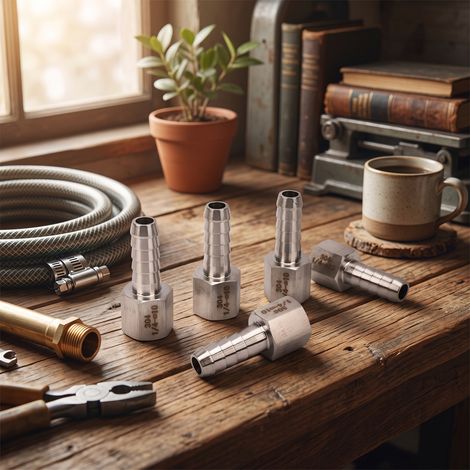 5 raccordi per tubi in acciaio inox con filettatura femmina da 1/2" e barre esagonali per impianti di irrigazione domestici. (1/5)