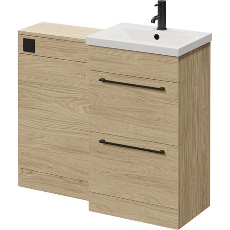Napoli 390 Light Oak 1000mm 2 Drawer Vanity Unit Toilet Suite with Glide Basin - 1000mm - Matt Black 320mm HandleWithout Kingston Toilet Pan