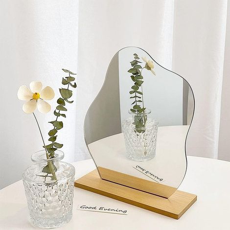 Miroir de maquillage en acrylique sans cadre, petit miroir décoratif irrégulier avec base en bois, miroir de table cosmétique pour chambre, salon, hôtels, décoration esthétique (1/5)