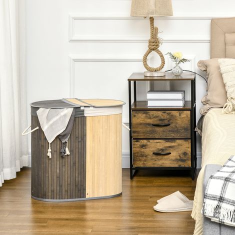 HOMCOM Panier à linge en bambou 100L avec 2 sections couvercle et sac amovible 62.5 x 37 x 60.5 cm - gris