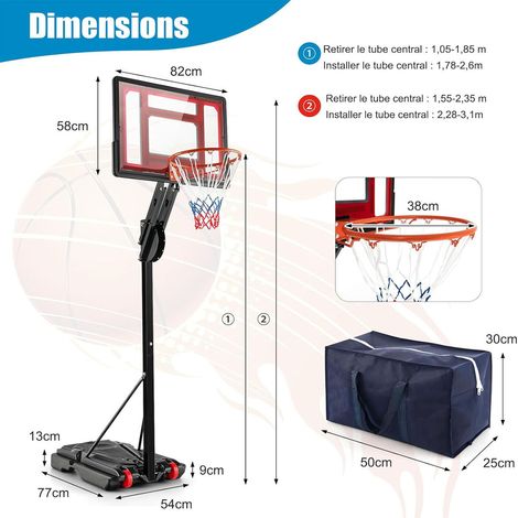 Panier de basket sur pied noir réglable de 105 à 260 cm avec 2 roues, base remplissable et panneau résistant pour jardin et cour (1/5)