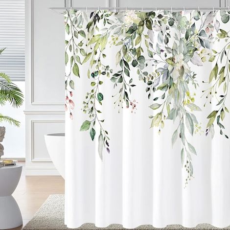 Rideau de douche en eucalyptus vert, motif aquarelle de feuilles de plante, ensemble rideau de douche en tissu imperméable avec crochets 180x180cm AN14 (1/4)