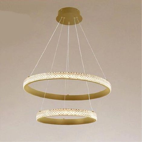TrAdE Shop Traesio - Lampadario A Sospensione Led 60w 2 Cerchi Anelli Cristallo Telecomando Oro 31975 - (1/4)