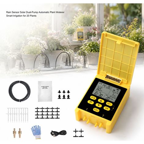 Système d'irrigation goutte-à-goutte - Double pompe solaire - Écran LCD - Capteur de pluie - 20 plantes - Tuyau 15m (1/5)