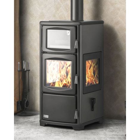 EEK A Kaminofen mit Backfach Herdplatte Panoramakamin Dreiseitig Glas Teba TKS 19 Holzofen 12 kW Kamin Ofen Holz Holzherd Kochplatte Küchenofen (1/5)