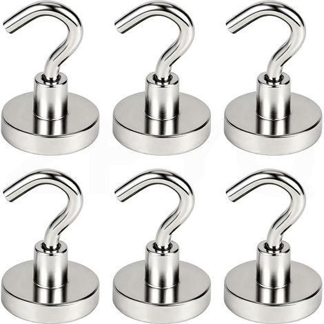 Crochets Magnétiques, 32mm Puissant Aimant Néodyme Force d’attraction de 38kg 83lbs, pour Accessoires de Cuisine Cabane à Outils, Lot de 6 (1/4)