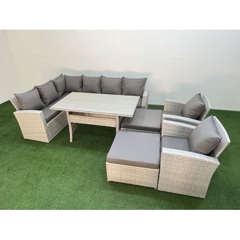 Fimous 10 Seater Rattan Garden Furniture Set Outdoor Patio Dining Corner Sofa Sets with Dining Table 2 Chairs Big Footstools Light Grey Mixed (1/5)