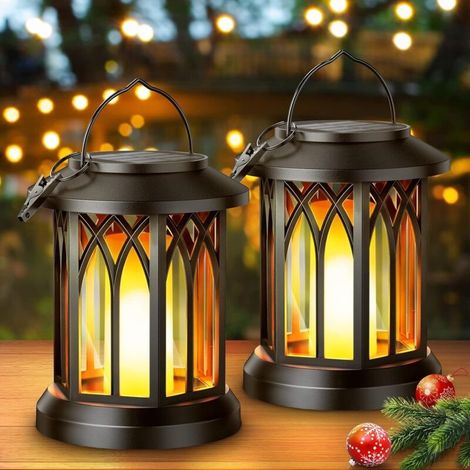 Lampe Solaire Exterieur Jardin Suspendues, 2 Pièces Lumiere Solaire Exterieur avec Effets de Flammes Réalistes, IP65 Étanche Lanterne Deco Jardin Exterieur avec Clips pour Cour Balcon Cadeaux-LIAIKI (1/5)