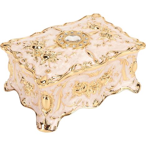 Boîte à bijoux vintage, style européen, doublure en velours exquis, boîte de rangement à bijoux en alliage de zinc, cadeau d'anniversaire, or et blanc.