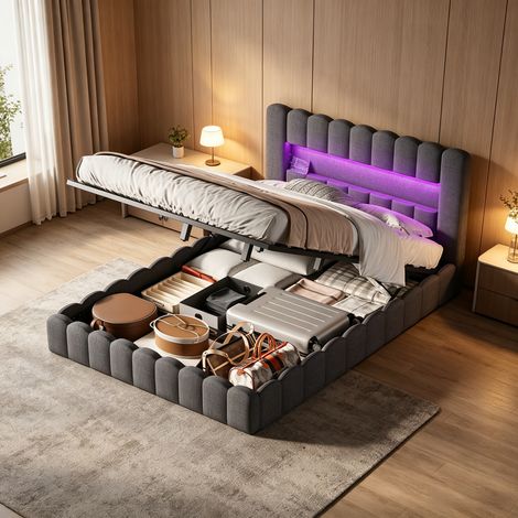 Lit coffre 140x200 cm avec rangements ,lit double rembourré velours,Tête de lit capitonné LED et port USB ,Mécanisme hydraulique, Cadre à lattes pour adulte ado,Gris,Lin (1/5)