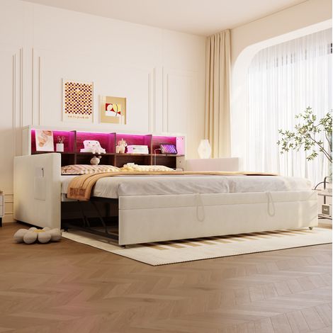 Sofá cama 90x190 cm beige de terciopelo con almacenaje y luz LED (1/5)