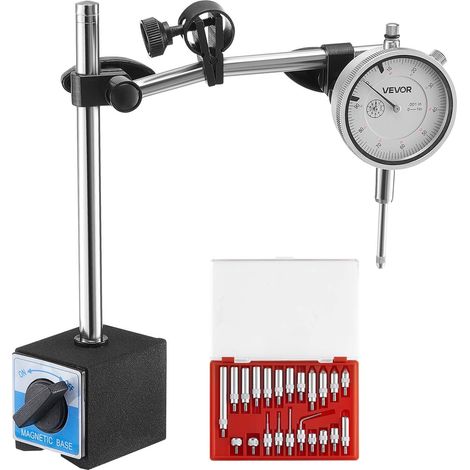 Indicateur de test à cadran avec support à double tige et étui de rangement, comparateur à cadran, précision de 0,03 mm, plage de mesure de 0 à 25,4 mm, avec tiges de centrage non magnétiques (1/5)