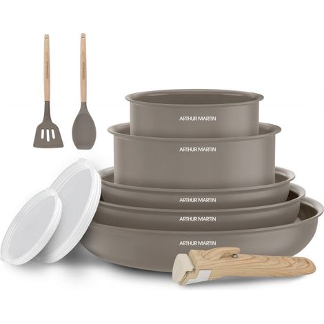 Batterie de cuisine 10 pièces poignée amovible Taupe Arthur Martin AM0986