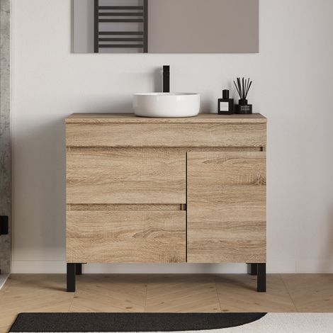 Meuble de salle de bain 90cm avec plateau et vasque à poser ronde - porte et tiroirs - sans miroir - cambrian (chêne clair) - LAZARO (1/5)