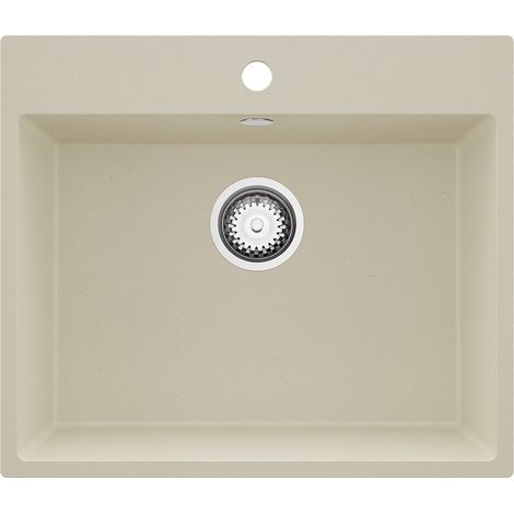 PRIMAGRAN Evier Cuisine en Granit 58x50cm,Lavabo 1 bac + Kit de Vidage, Évier à Encastrer au meuble 60cm - Riga, Beige