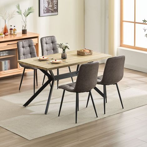 Ensemble table à manger - WAFTING - 140x80 cm - 4 chaises tissu technique - Aspect bois - Style scandinave (1/5)