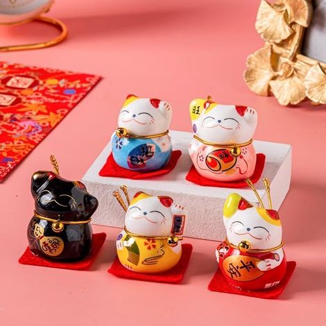 Lot de 5 mini Maneki Neko, figurines de chats porte-bonheur, figurines de chats porte-bonheur japonais, chat porte-bonheur chinois pour la décoration intérieure de voiture ou de table (1/5)