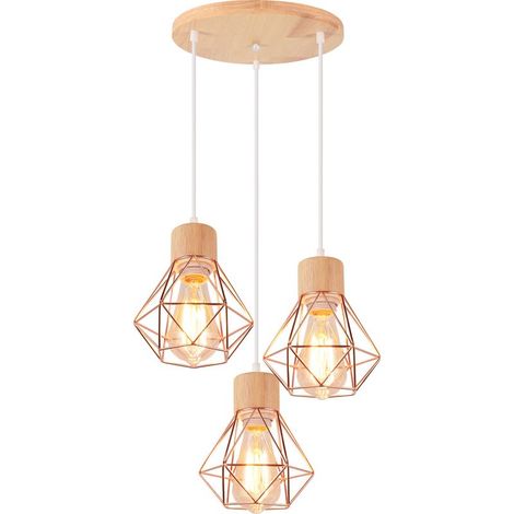 Lampe À Suspension Vintage Suspension Luminaire Rétro Or Rose 3 Lumières Plafonnier D'Intérieur Moderne En Métal Et En Bois (1/5)