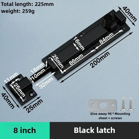 (Noir - 20 cm) Verrou de sécurité de porte en alliage d'aluminium, loquet de fenêtre robuste et épais, pêne dormant pour portail coulissant, quincaillerie pour la maison (1/5)
