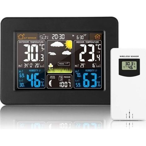 Station météo numérique sans Fil avec capteur extérieur – avec Heure, Date, température, humidité, baromètre, Alarme, Affichage des Phases de Lune, thermomètre Multifonction (Noir)