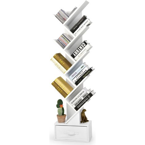 Scaffale ad albero a 10 ripiani con cassetto, Scaffale da terra per camera da letto soggiorno e ufficio Bianco (1/4)