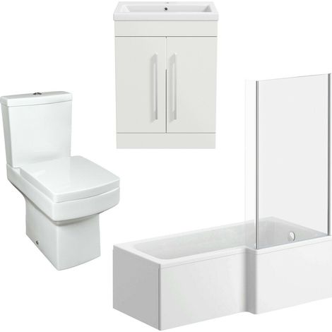 Bathroom Suite Vanity Unit Basin L Shape Bath With Square Toilet WC White RH (1/5)