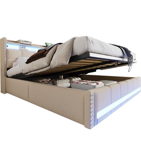 Lit Coffre 180 x 200 cm, Lit Double en Lin avec LED, USB, Étagères et Rangement, sans Matelas, Beige (1/5)