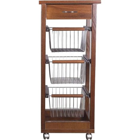 Carrello Cucina SALVASPAZIO in Legno di FAGGIO con CASSETTO E CESTI CONTENITORI 4 Ruote GIREVOLI PORTAPANE PORTAFRUTTA Noce